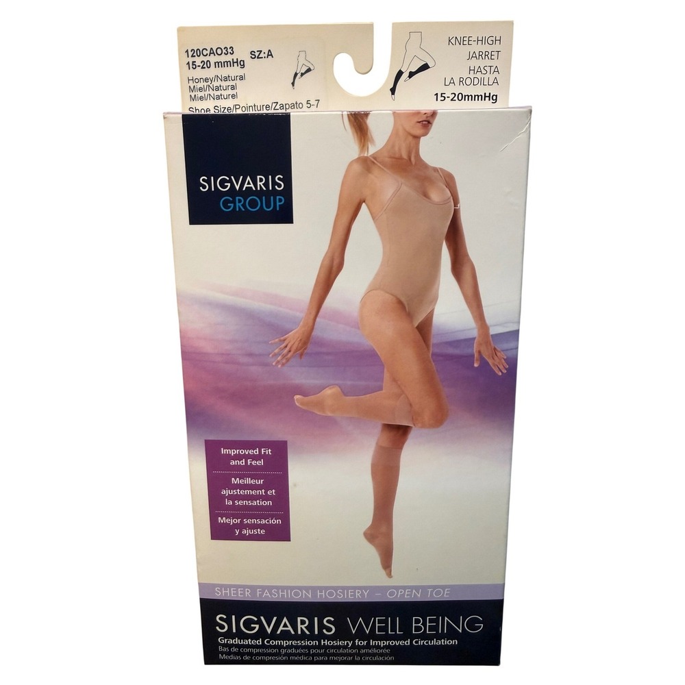 Sigvaris Well Being 15-20 mmHg Compression Hosiery Knee High Open Toe Honey Sz A
